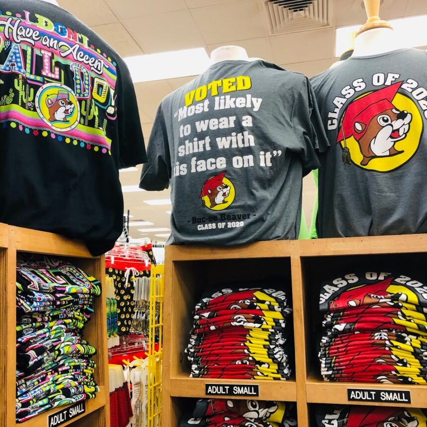 A picture of several Buc-ee's branded t-shirts.