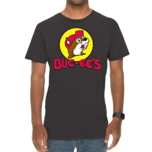 A picture of a man wearing a black shirt with the Buc-ee's logo on the front.