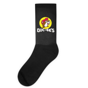 A picture of black socks with the Buc-ee's logo on the ankle.